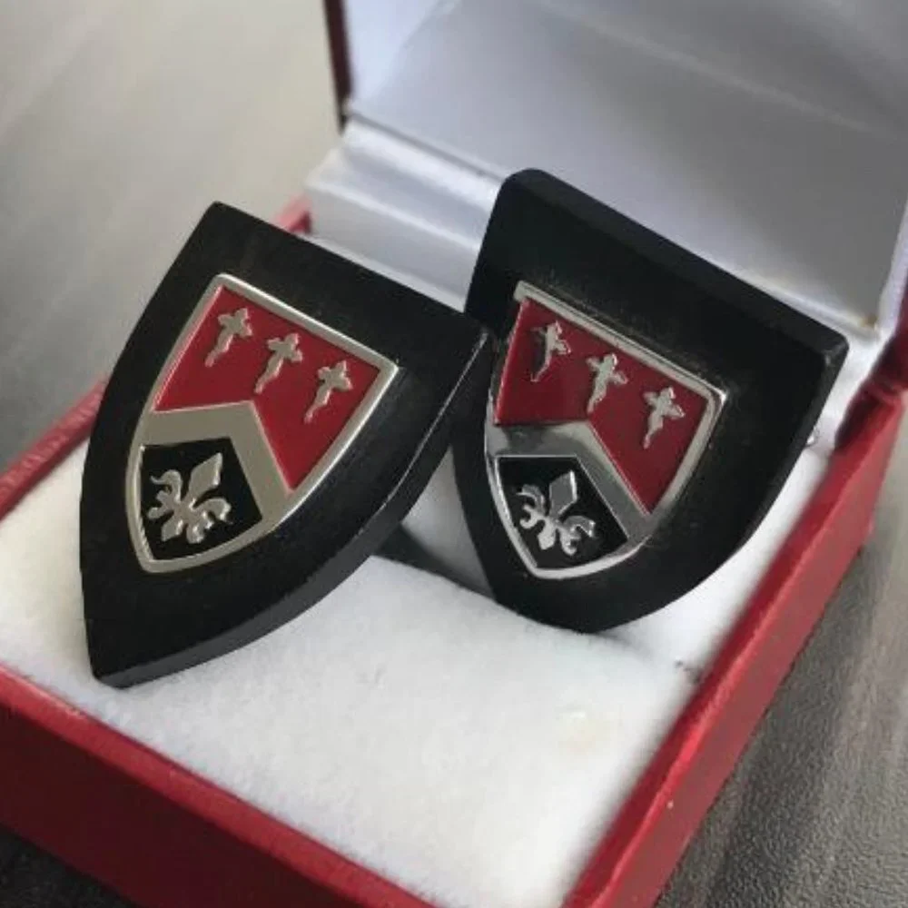Swank Wood Base Shield & Crest Cuff Links